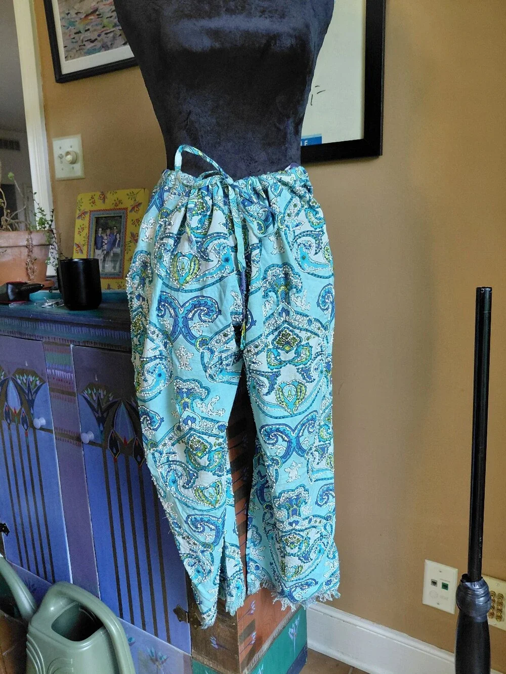Women’s Light Blue Paisley Drawstring Pants With Bead Detail
